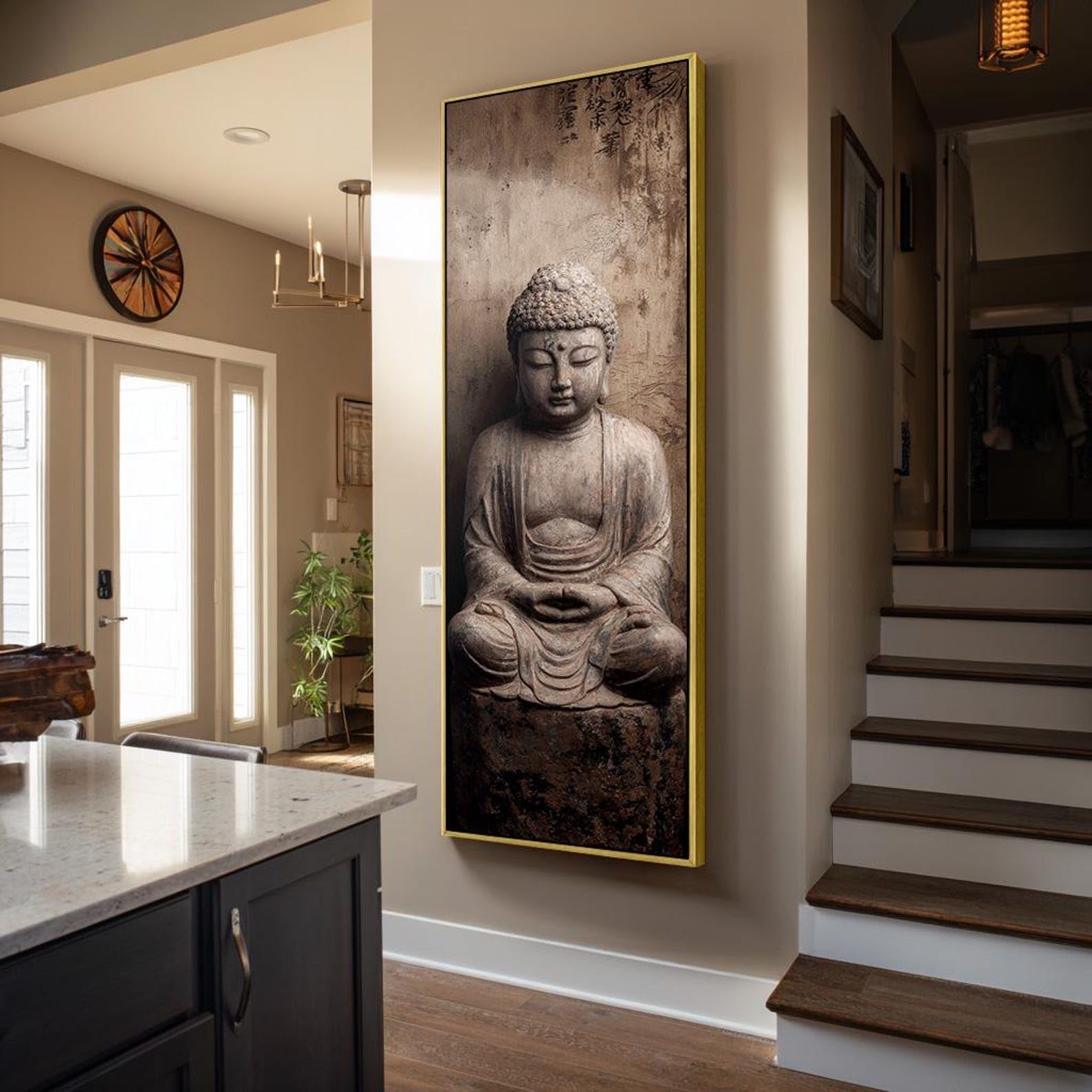 XINBAO Quadro su tela per studio di yoga, arte da parete alta e stretta per la meditazione, decorazione murale zen, pezzo d'effetto slanciato, dipinto di Buddha (60x180 cm/cornice interna)