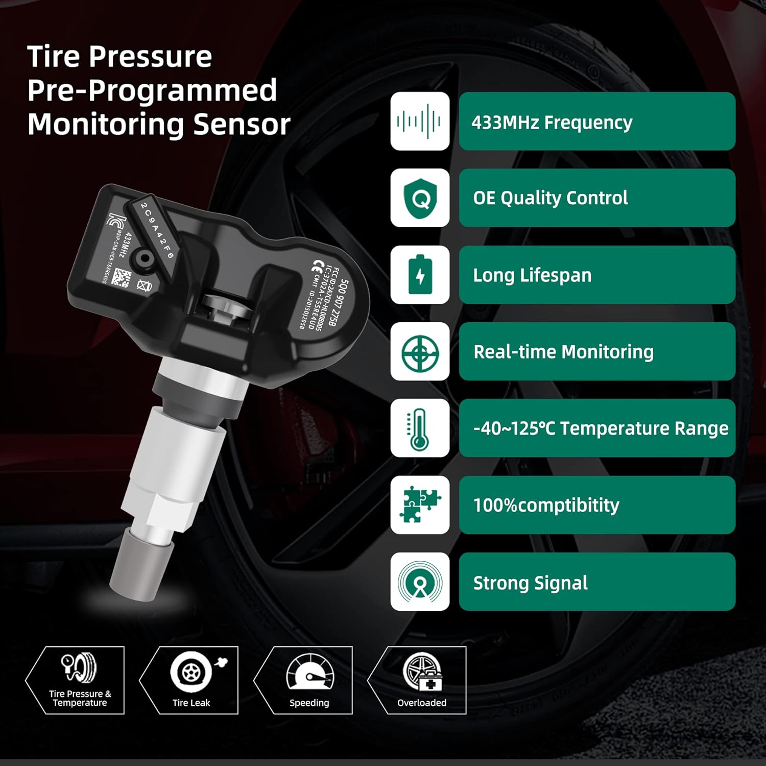 CDWTPS TPMS Sensor,433MHZ Tire Pressure Monitor System for Audi| Volkwagen|Porsche 4-Pack Replaces# 5Q0907275 5Q0907275F 3AA998275 9A790727502