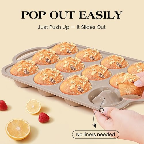 Miniatura 10 de Vinino Paquete de 1 moldes pequeños de silicona para magdalenas con marco reforzado de metal, 12 tazas de silicona fácil de liberar, bandeja de
