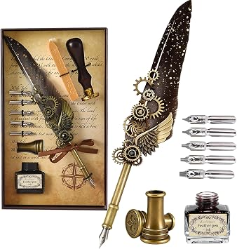 Joyeee Grey Feather Quill Pen Set, with Dip Pen Ink, Pen Nib Base, Replacement Stainless Steel Nibs, Sealing Wax Stamp Kit for Calligraphy Practice, Drawing & Signatures, Best Gifts for Women Men