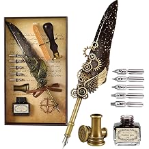 Joyeee Grey Feather Quill Pen Set, with Dip Pen Ink, Pen Nib Base, Replacement Stainless Steel Nibs, Sealing Wax Stamp Kit for Calligraphy Practice, Drawing & Signatures, Best Gifts for Women Men