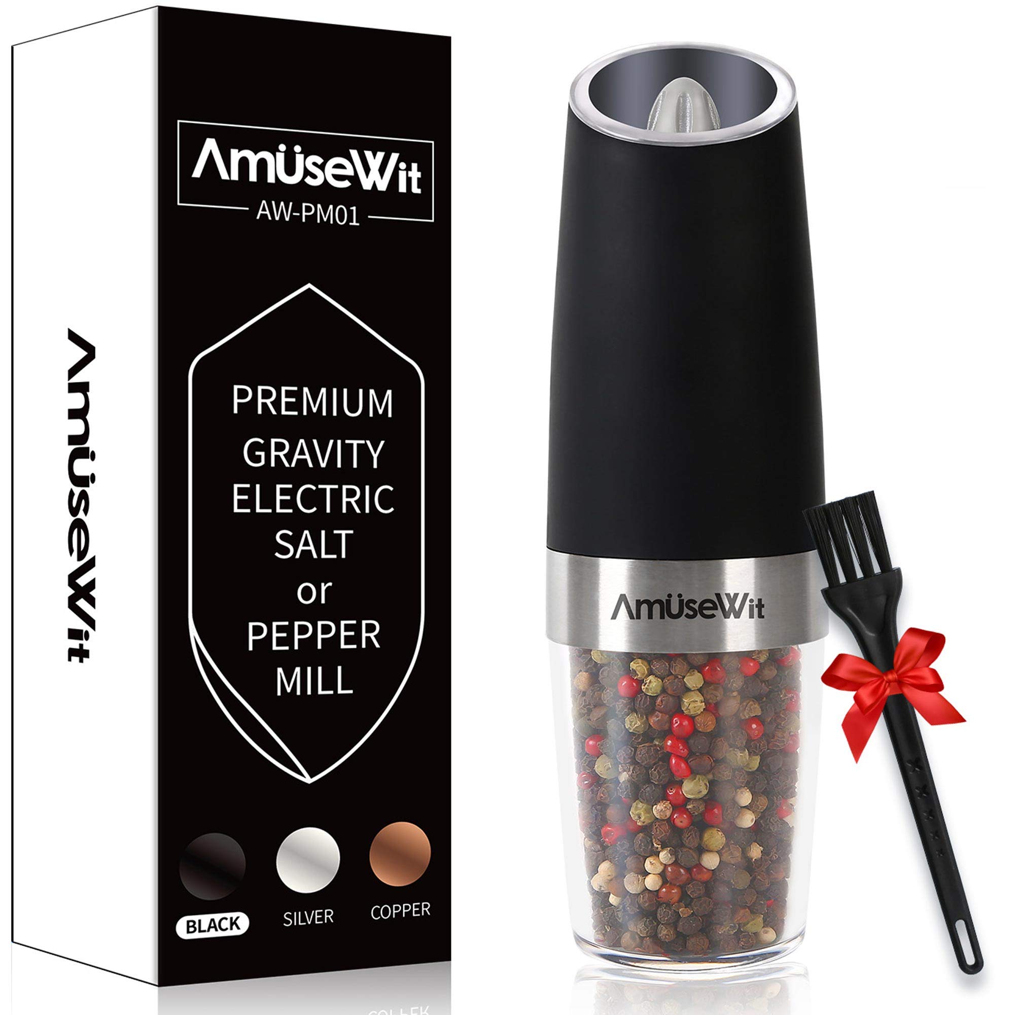 AmuseWit Gravity Electric Pepper Grinder or Salt Grinder Mill【White Light】- Battery Operated Automatic Pepper Mill with Light, Adjustable Coarseness, One Handed Operation, Cleaning Brush, Black by
