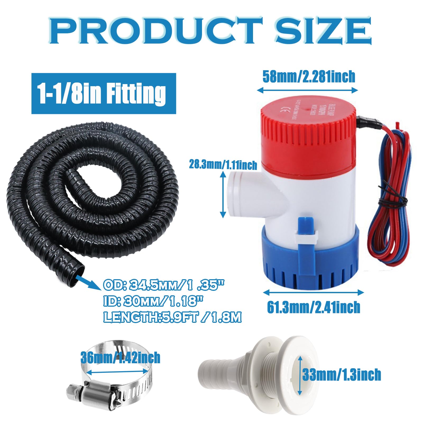 maierke 1-1/8 Boat Bilge Pump Hose Kit,1100gph Electric 12v Bilge Pump,1-1/8 Dia 6 FT Kink-free PVC Hose,1-1/8 Inch ABS Thru-Hull Fitting,2PCS Stainless Steel Hose Clamps for Boat Marine