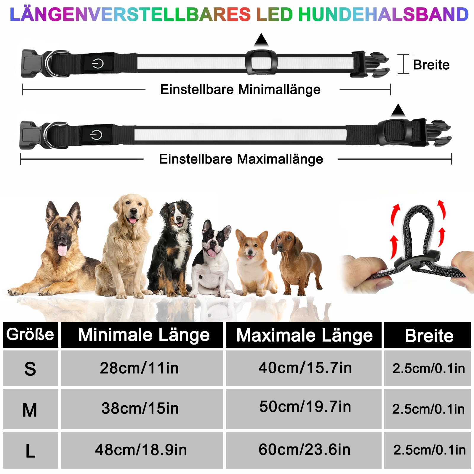 Nepfaivy Collare Luminoso per Cani Ricaricabile - Collare per Cani a Led con Lunghezza Regolabile, 7 Colori Cambiabili per la Sicurezza Notturna