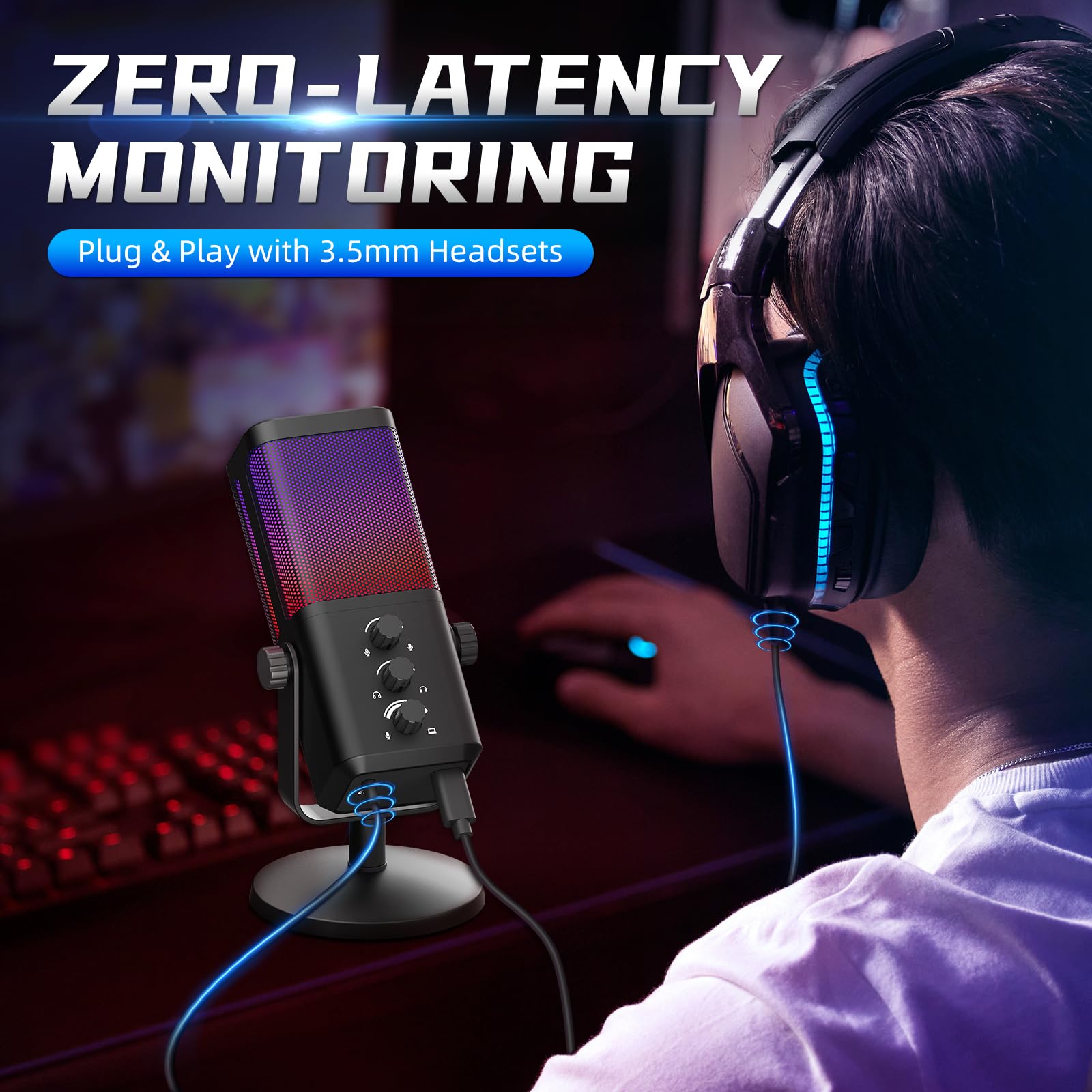 XTUGA M7 Microphone Dynamique pour Streaming Gaming avec éclairage RGB, Microphone à condensateur pour Ordinateur avec réduction du Bruit et Surveillance en Temps réel pour Podcast