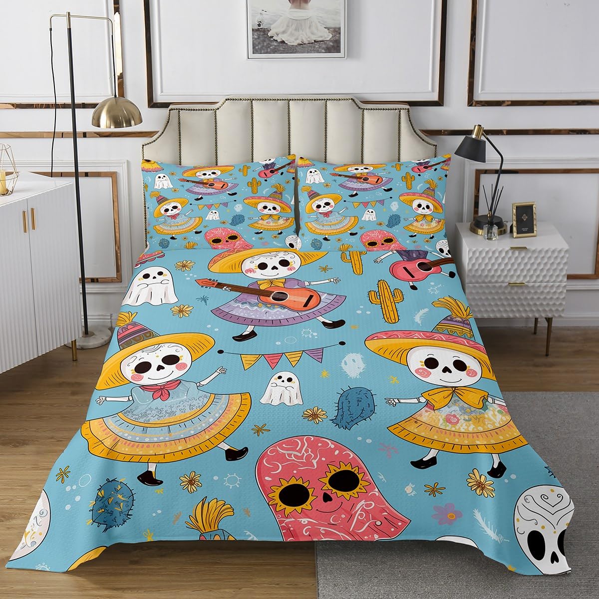jejeloiu Halloween Bedspread Queen Size Kids Cartoon Ghosts Quilted Coverlet for Boys Girls Teens Cute Cactus Coverlet Set Blue