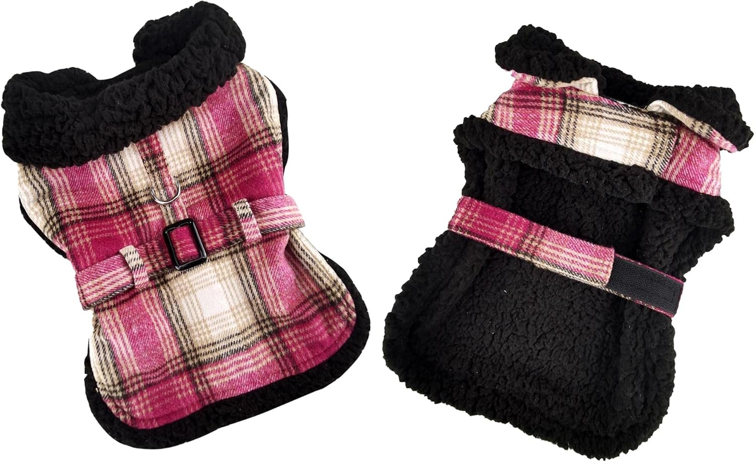 Sherpa-Lined Dog Harness Coat (Small, Hot Pink & Tan Plaid)