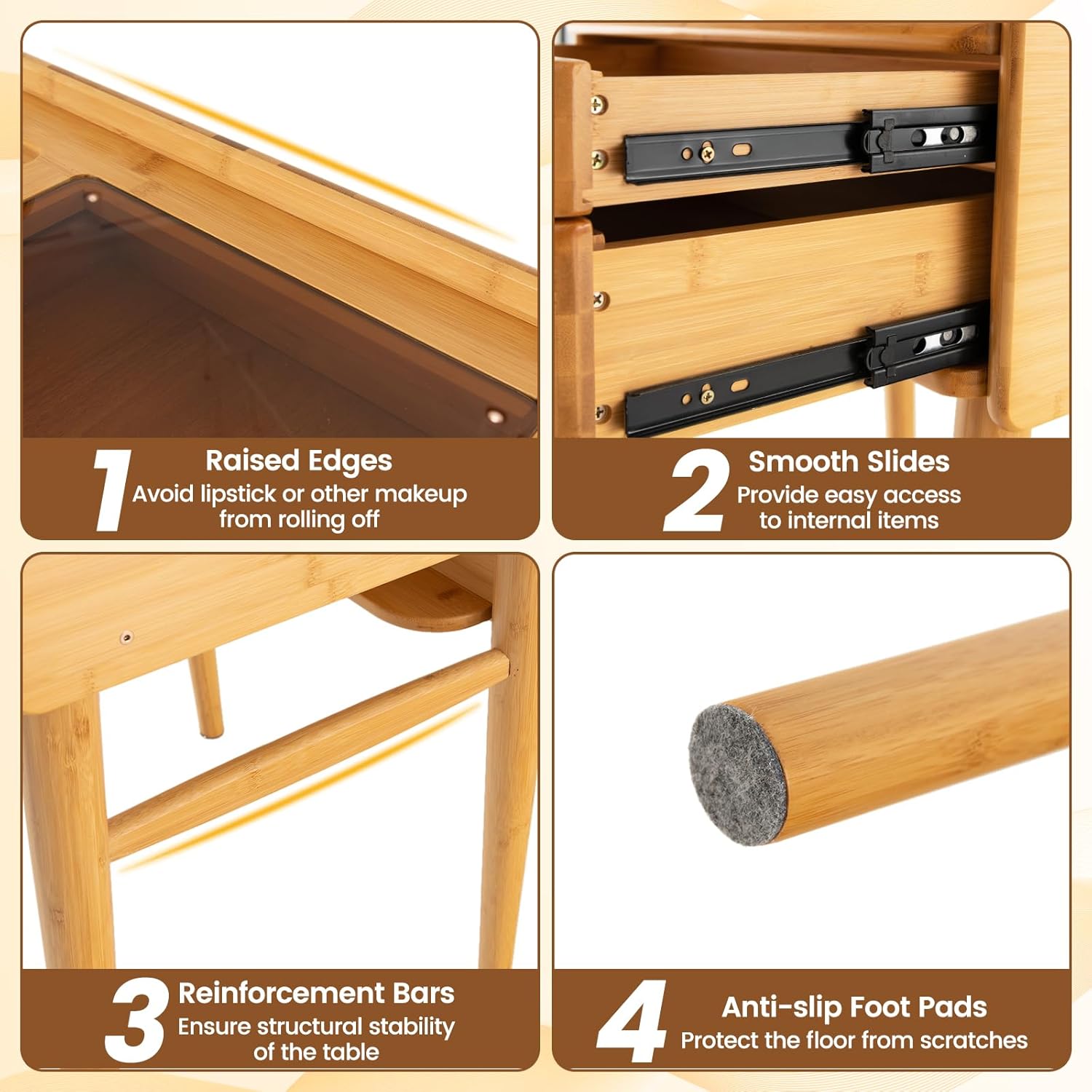 Boho Vanity Desk with Mirror, Bamboo Makeup Vanity Table & Stool Set with 2 Storage Drawers & Tempered Glass Table Top, Small Dressing Table Set for Bedroom, Living Room