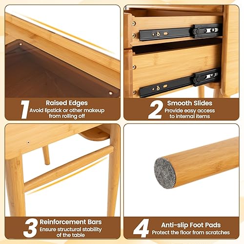 Miniatura 7 de CHARMAID Mesa de tocador de maquillaje, escritorio de bambú que ahorra espacio con espejo giratorio, 2 cajones, espacio de almacenamiento profundo,
