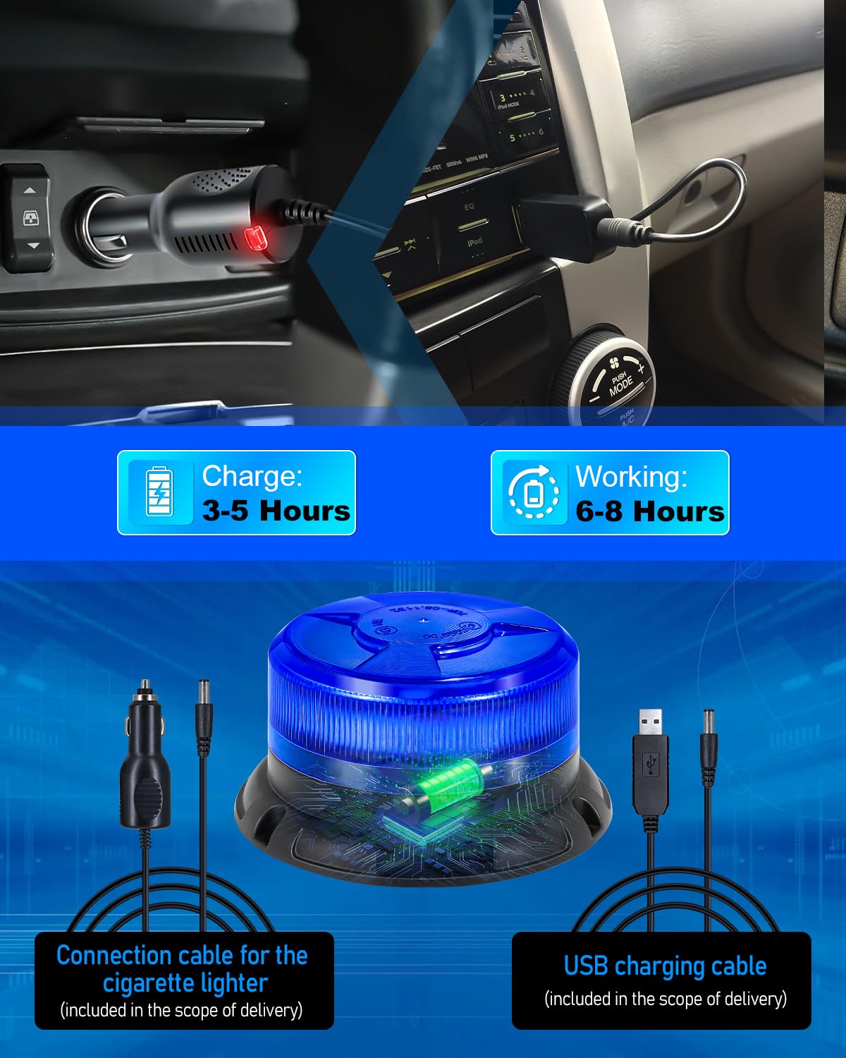 Dinfu rotativo led bateria azul con mando a distancia LED intermitente base magnética 9 modos de luz intermitente con el coche cable de carga y cable USB para el coche de policía camión UTV