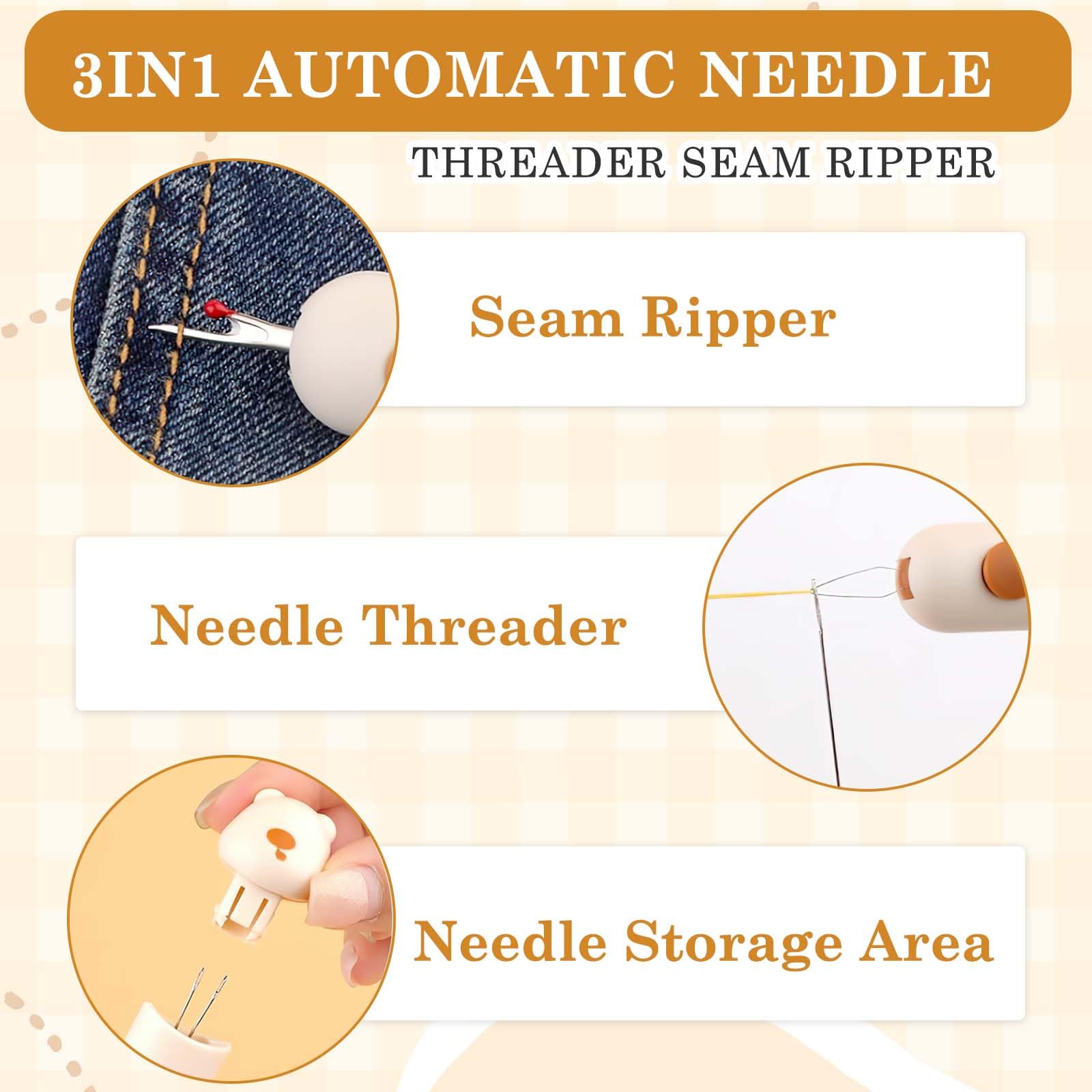 TecoKart® 2 in 1 Needle Threader Tool with Seam Ripper, Thread Inserter, Stitch Opener 3 in 1 Multifunction, Threading Device for Handcraft - Beige 1