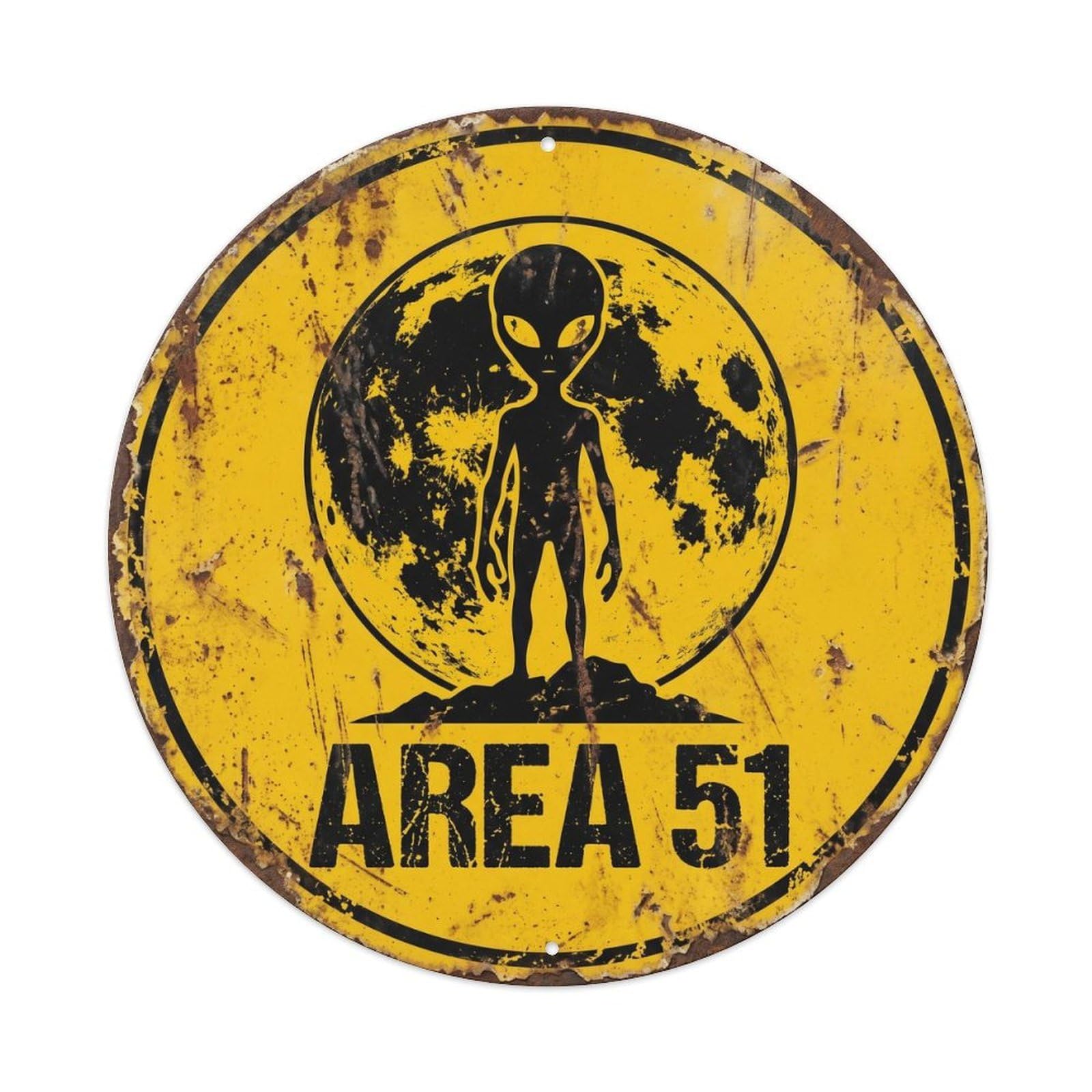 Vintage Alien Area 51 Cosmic Visitor Metal Tin Sign Plaque Wall Decor for Cafe, Club, Garden Round Metal Poster 8x8Inch