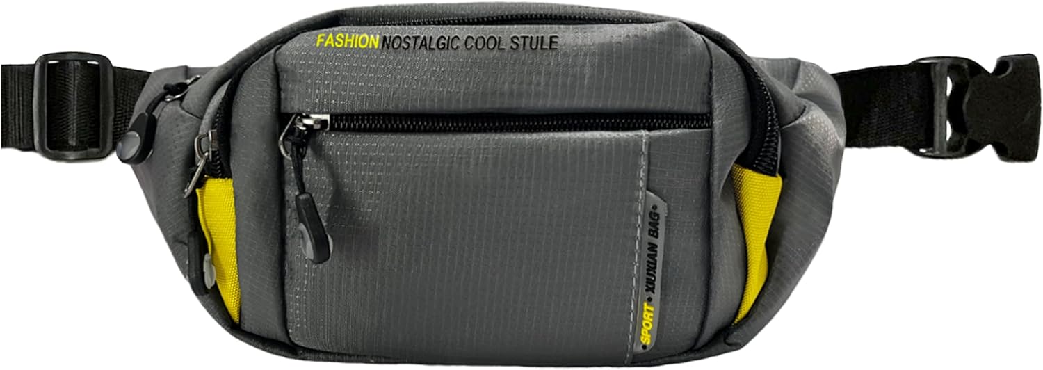 Crossbody Fanny Pack with 4-Zipper Pockets – Adjustable Waist Bag for Traveling, Hiking, Running, Cycling, Casual Hands-Free Wallets, Hip Bum Bag, Lightweight Polyester Design (Grey)