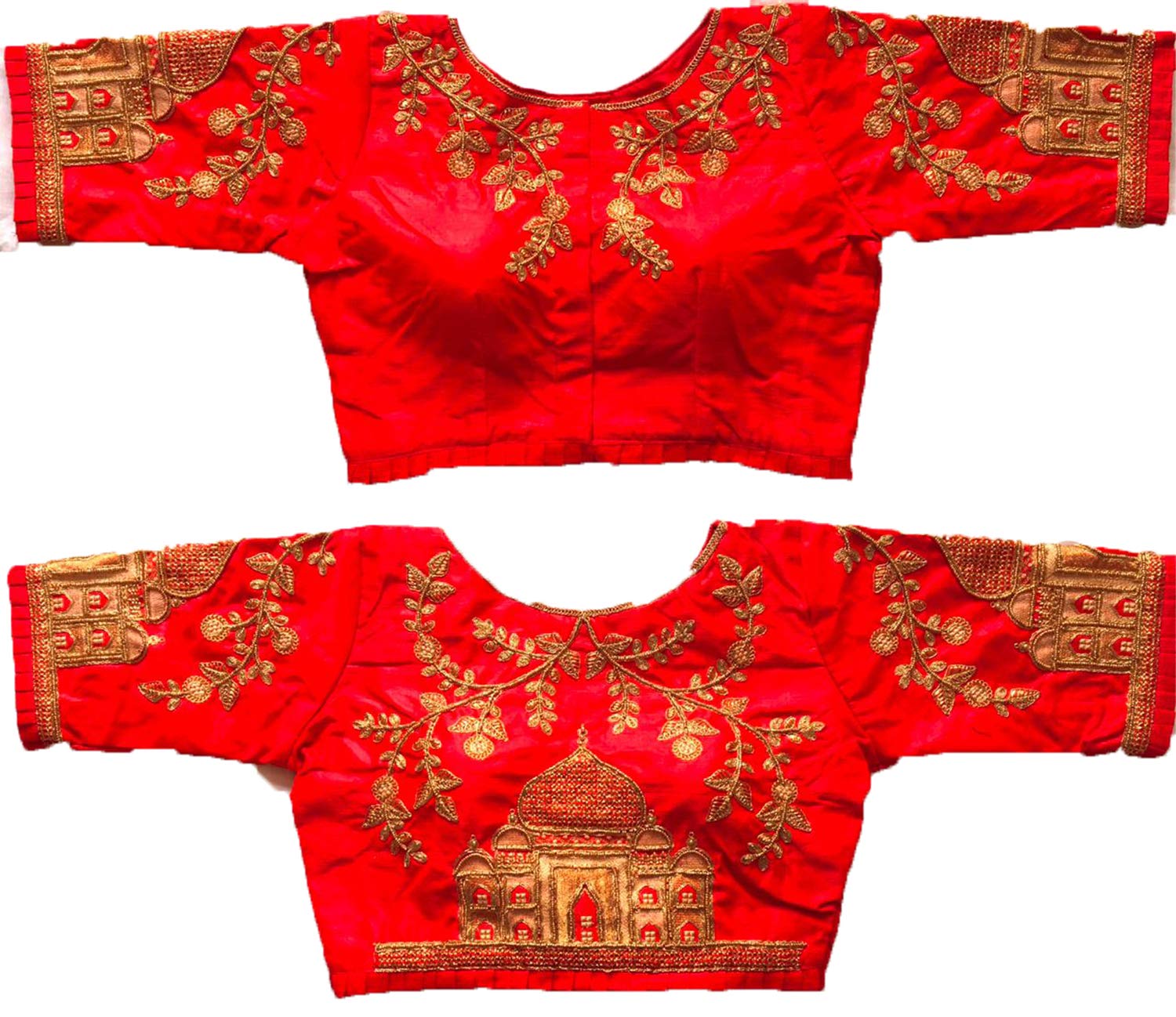 Pujia Mills Women's Silk Taj Mahal Half Sleeve Blouse (Mum Taj Blouse_Red_38)