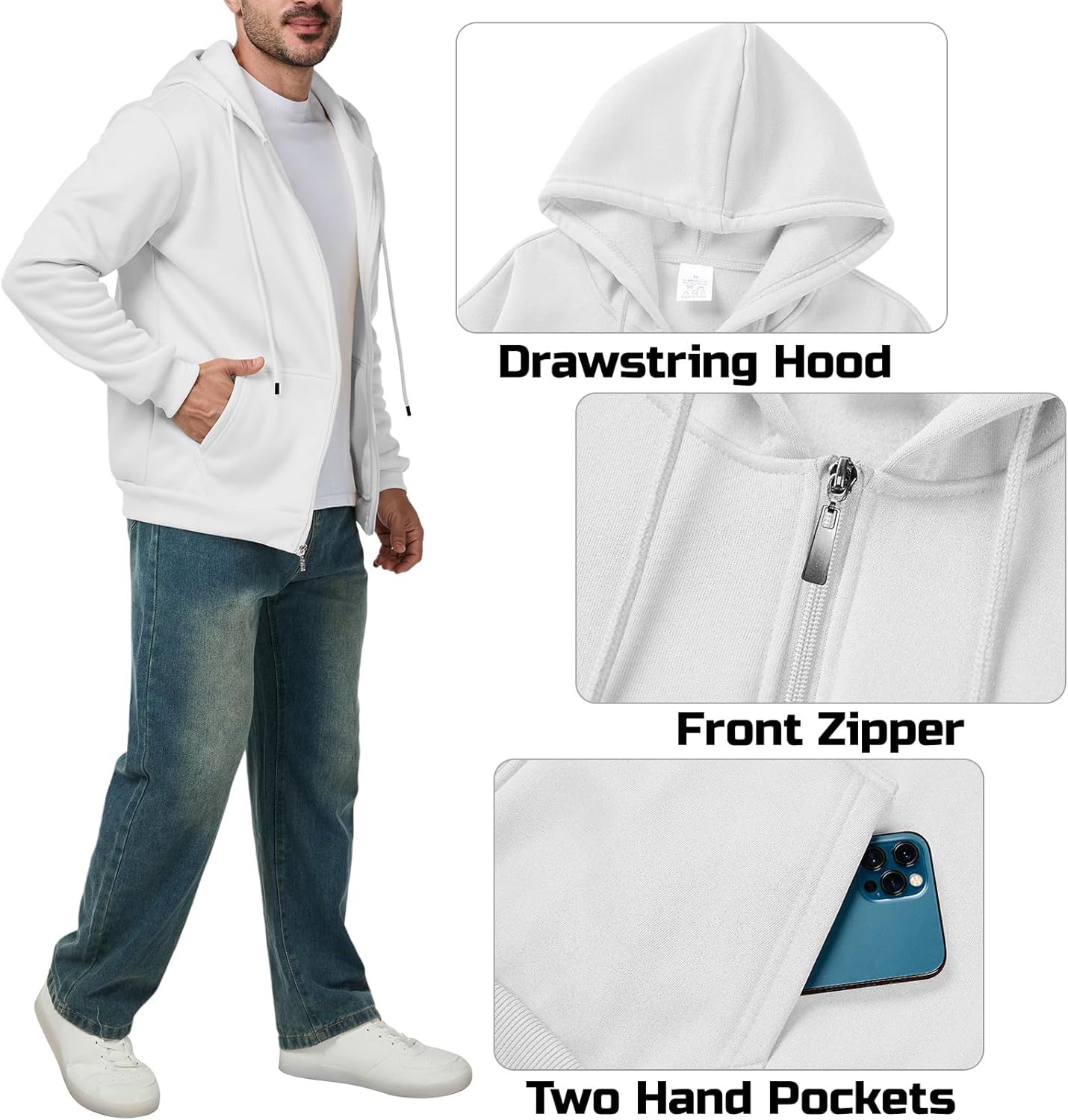 Men's Full Zip Hoodie Casual Long Sleeve Hooded Sweatshirt Fleece Drawstring Zip Up Jacket with Pockets - Image 6
