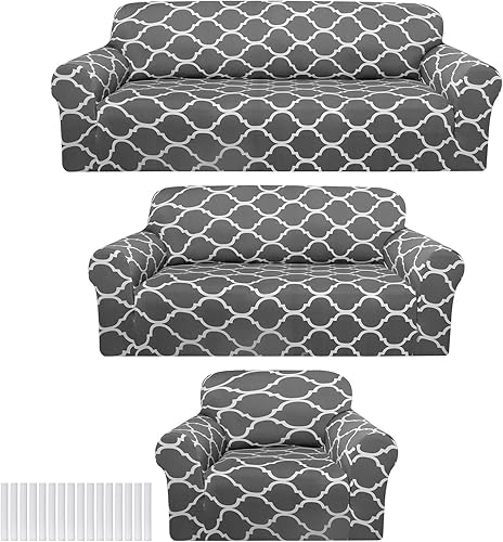 Peryiter Juego de 3 fundas de sofá para sala de estar, fundas para sofá y sofás, funda protectora de muebles, ajuste elástico, sin arrugas (gris