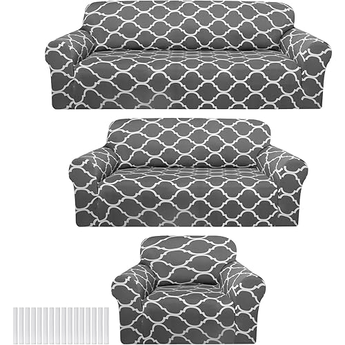 Peryiter 3 Pcs Couch Cover Set for Living Room Furniture Covers for Couch and Sofas Loveseat Arm Chair Slipcover, Furniture Protector, Form Fit Stretch, Wrinkle Free(Dark Gray)