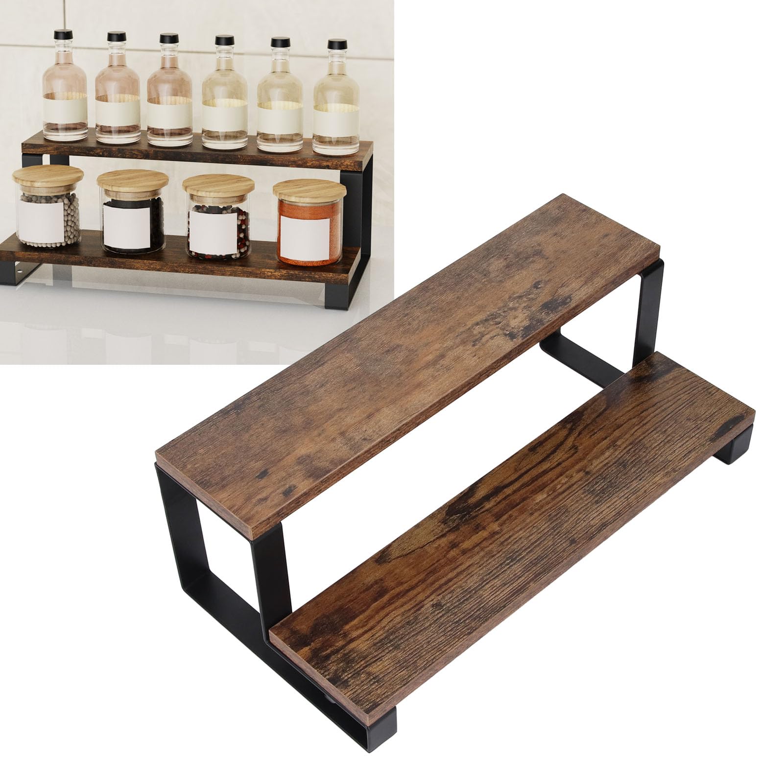 Soporte elevador de madera de 2 niveles, organizador de perfume, estante de exhibición de especias, ideal para muñecas y aperitivos