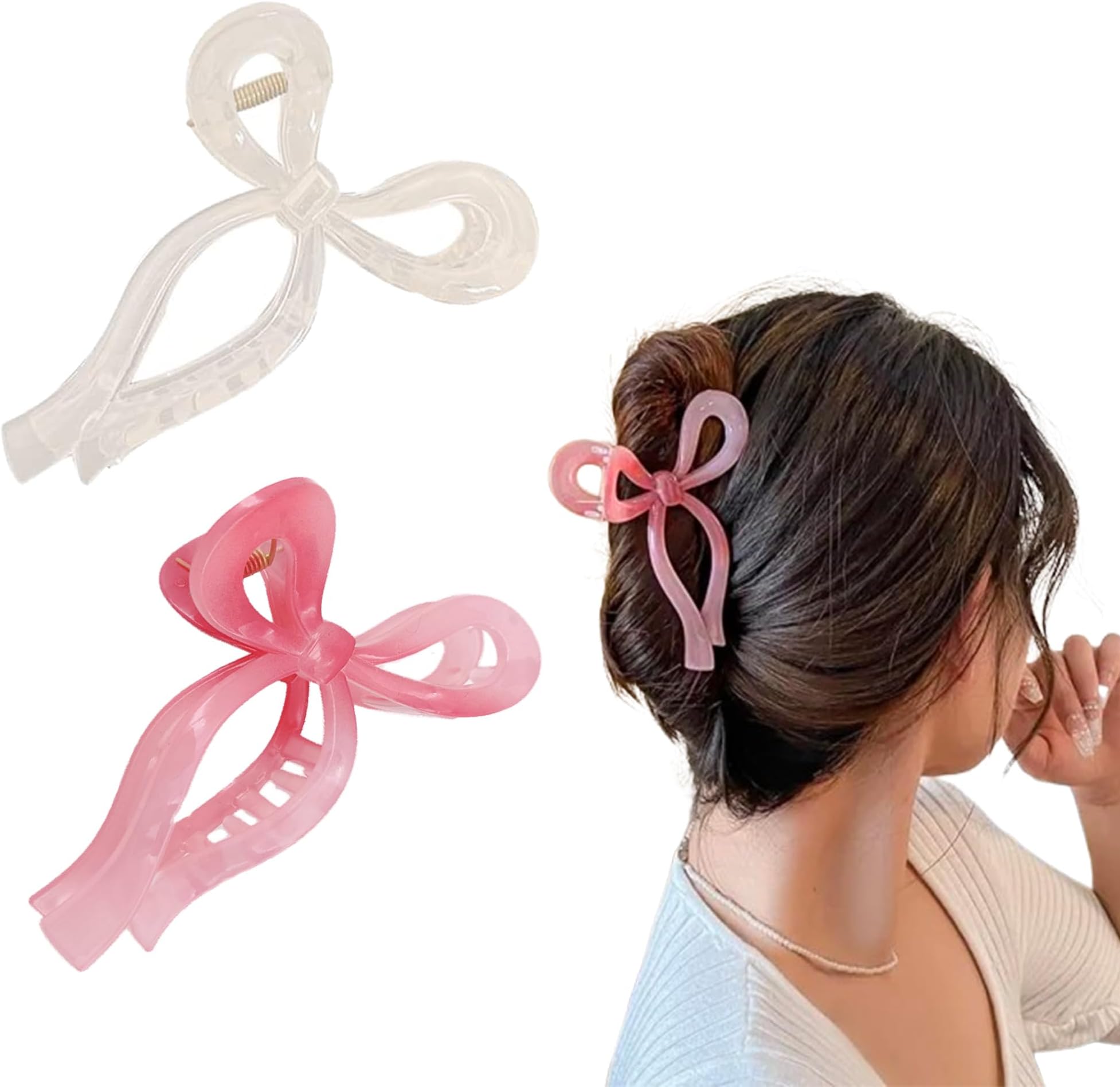 Bows Claw Clips - 2 Colors Ribbon Coquette Clips for Thick Hair and Girls, Including Pink