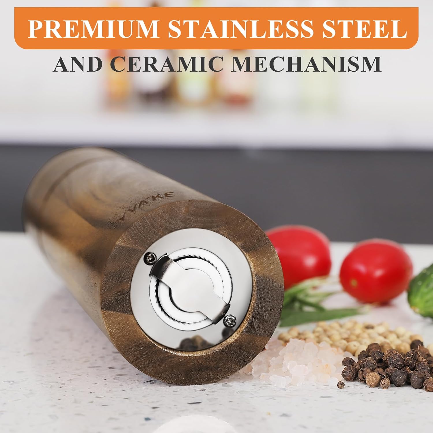 Wooden Salt and Pepper Grinder Set,8 Inch Manual Salt and Pepper Mill, Adjustable Coarseness and Refillable,Acacia Wood Pepper Grinder for your kitchen[Set of 2]