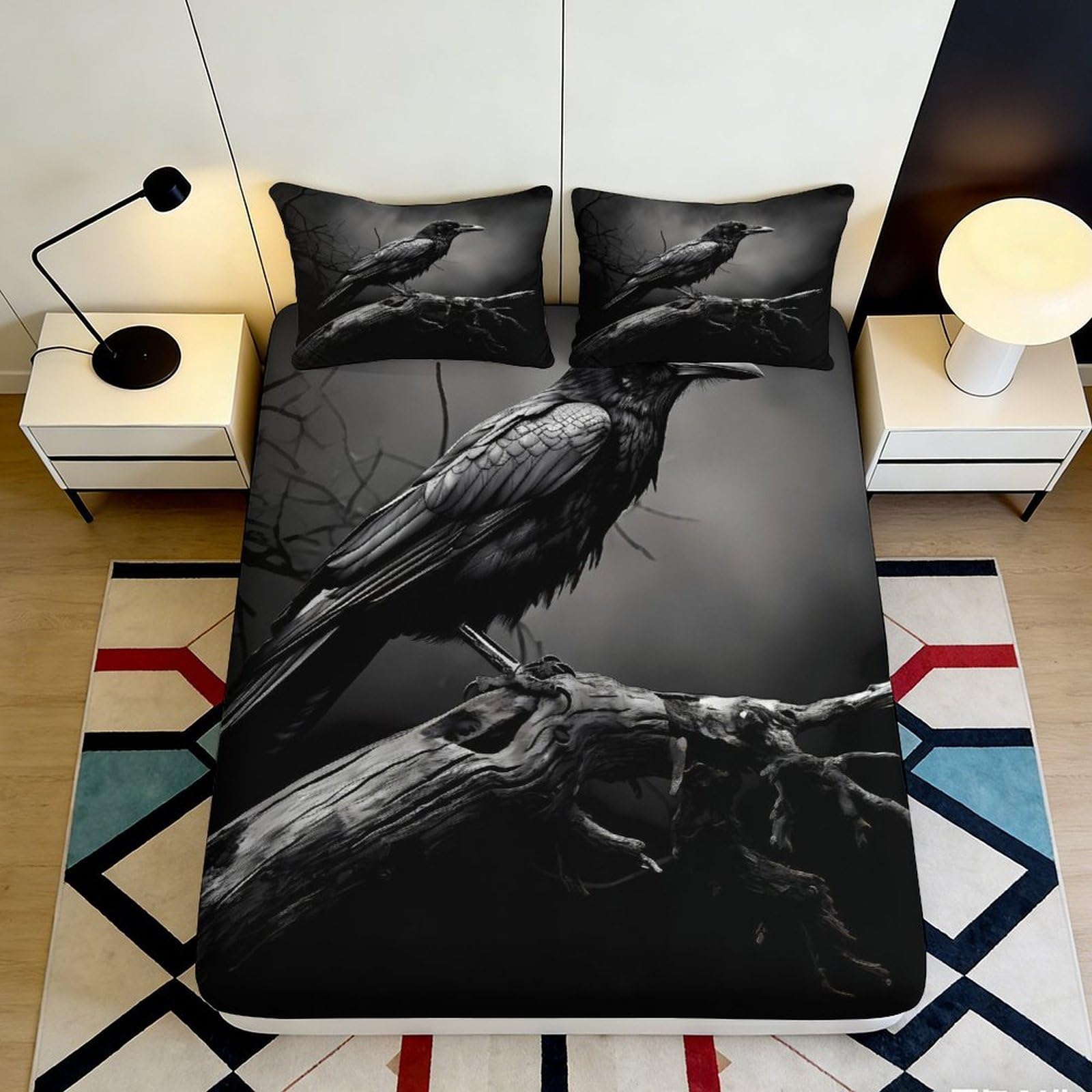 3D Printed Black Raven Fitted Sheet Microfiber Soft Breathable Crow Branch Bed Cover for Bedroom Dormitory Guest Room Mattress Protection Decor 140x200x25cm