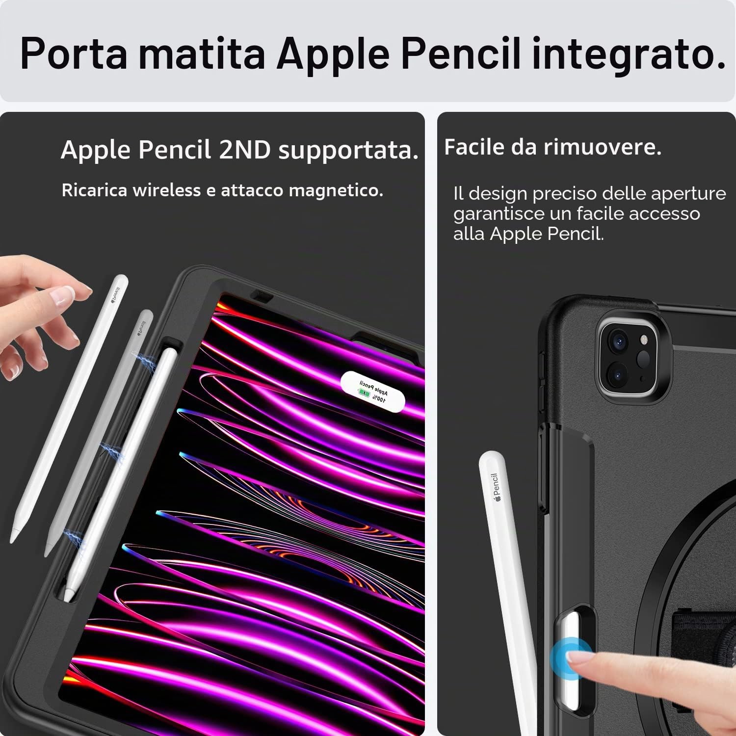 Miesherk Custodia Case iPad Pro 12.9 2022/2021: Militaire Protettiva Antiurto a 3 Strati per iPad Pro 12.9 6th/5th generazione-Portapenne-Supporto Rotante-Tracolla per Spalla e Cinghie a Mano-Nero