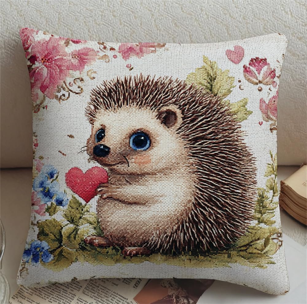 Henypt Stamped Cross-Stitch Kit W/Printed Tapestry Canvas — Love Hedgehog 17.7X17.7In(45X45Cm) Stamped Cross-Stitch Cushion Embroidery Kits Set Beginners for Creative Home Décor — Needlework Kit Fo