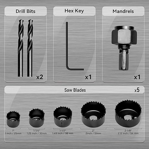 Miniatura 2 de KATA Juego de 8 piezas de sierra perforadora de 1 a 2-18 pulgadas en estuche con 1 mandril, 2 brocas y 1 llave hexagonal para madera blanda, tablero