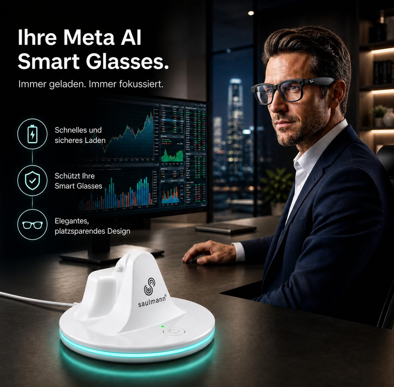 Saulmann Stazione di ricarica e cavo compatibile con Ray-Ban Meta Smart Glasses Gen 1 & 2 con indicatore LED USB-C. Incl. 2 x LED Blocker - SJ7 BIANCO