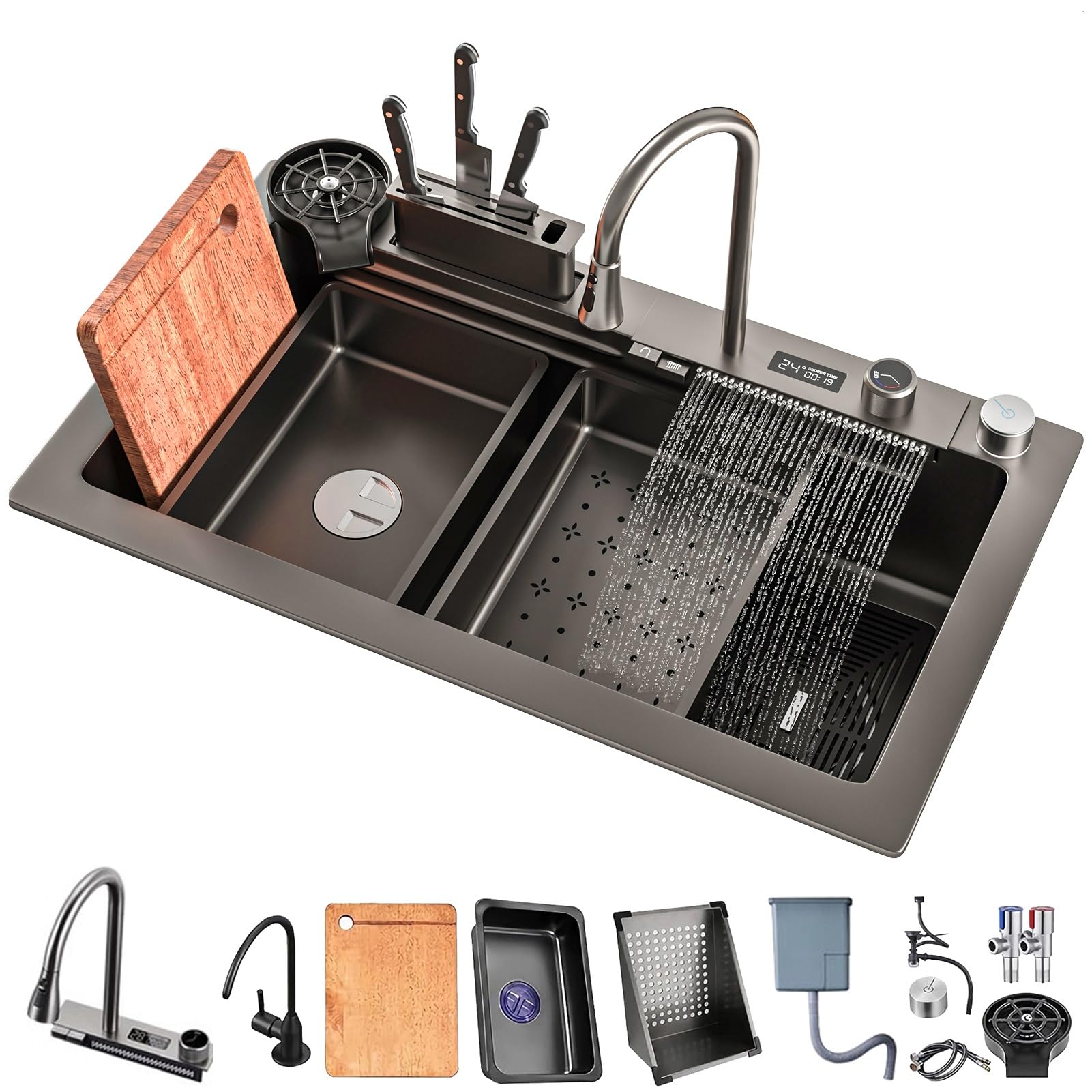 ZQFHSX Drop in Waterfall Kitchen Sink, Stainless Steel Single Bowl Workstation Multifunctional Modern Sink with Pull Down Sprayhead Faucet & Accessories(B,80x45x22cm)