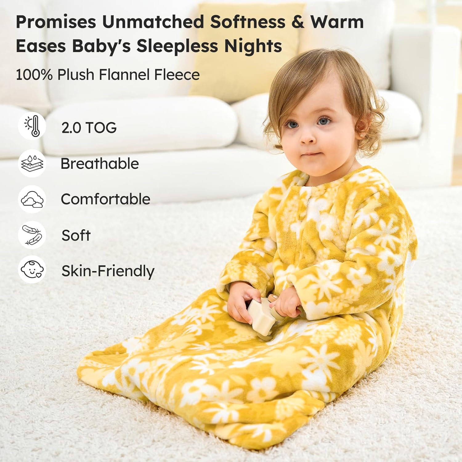 Fleece Baby Sleep Sack 12-18 Months Long Sleeve 2.0 Tog Baby Wearable Blanket with 2-Way Zipper Warm Sleeping Sack for Toddler Infant - Large Yellow & White Flower - Image 2