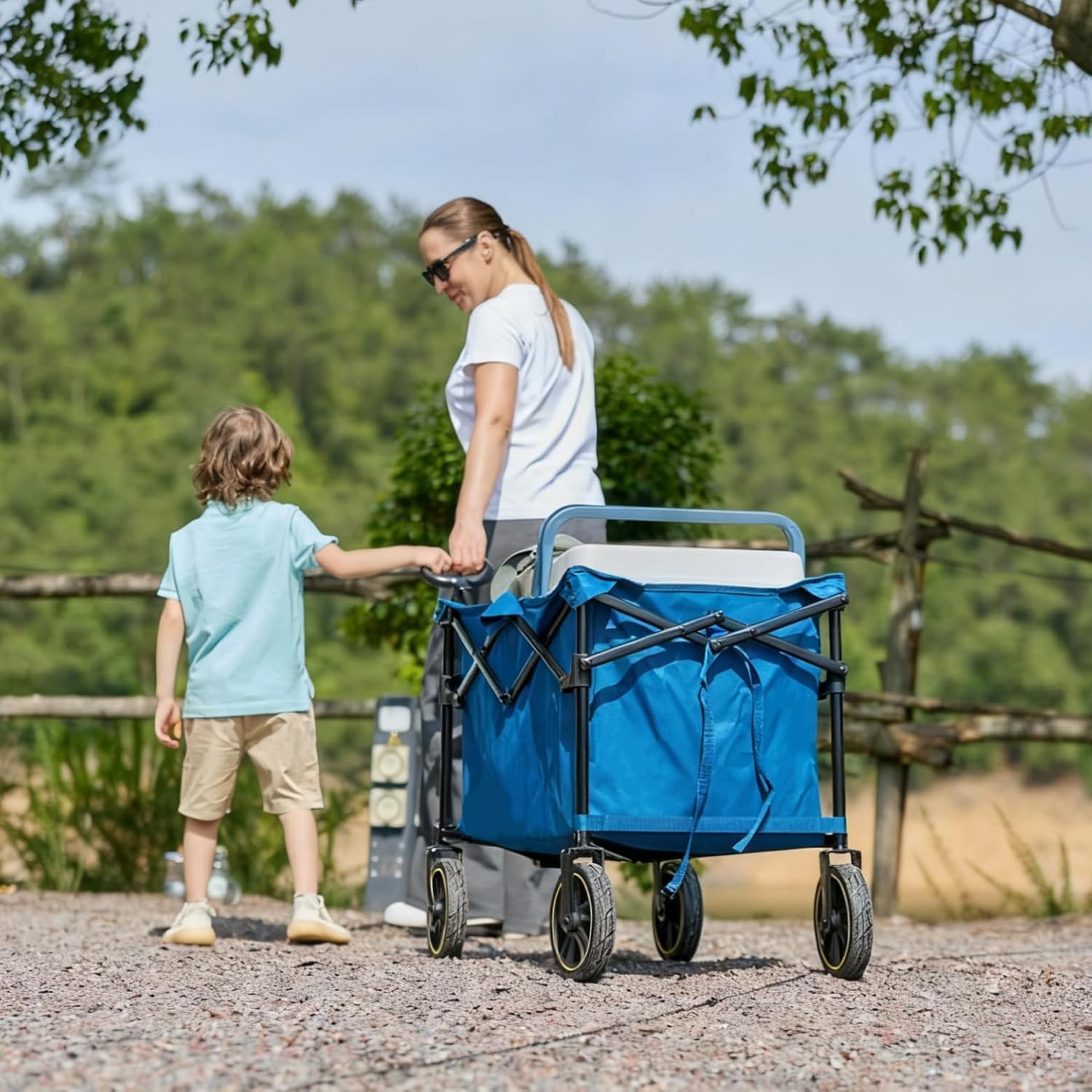 TIMBER RIDGE Carrello Pieghevole Spiaggia 200L con Portabevande Manico Regolabile, Carrello da Giardino per Tutti i Terreni Esterni Campeggio Portata 150kg