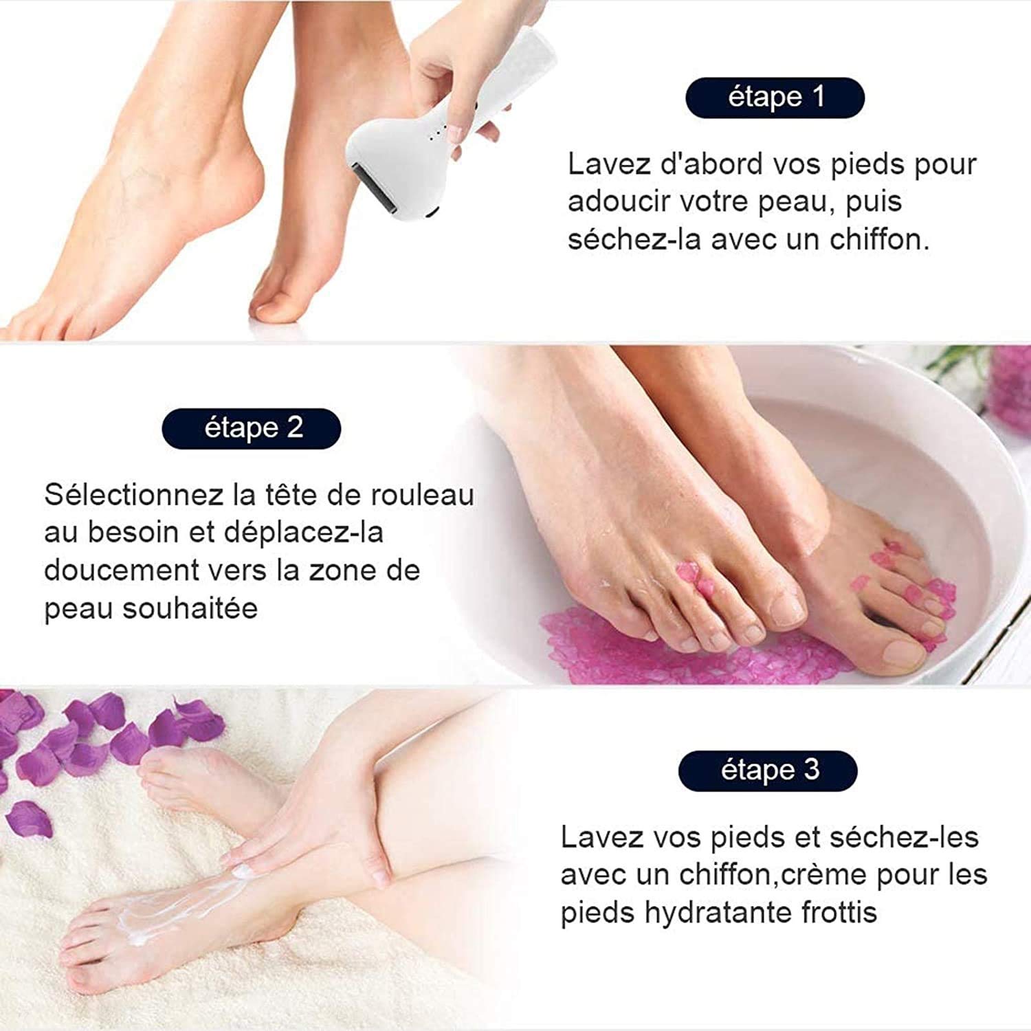 Removedor de Callos de pie eléctrico, Herramientas de pedicura de Lima de pie electrónica portátil, Herramientas de pedicura con 3 Rodillos y Herramienta de Cuidado de pie Recargable por USB