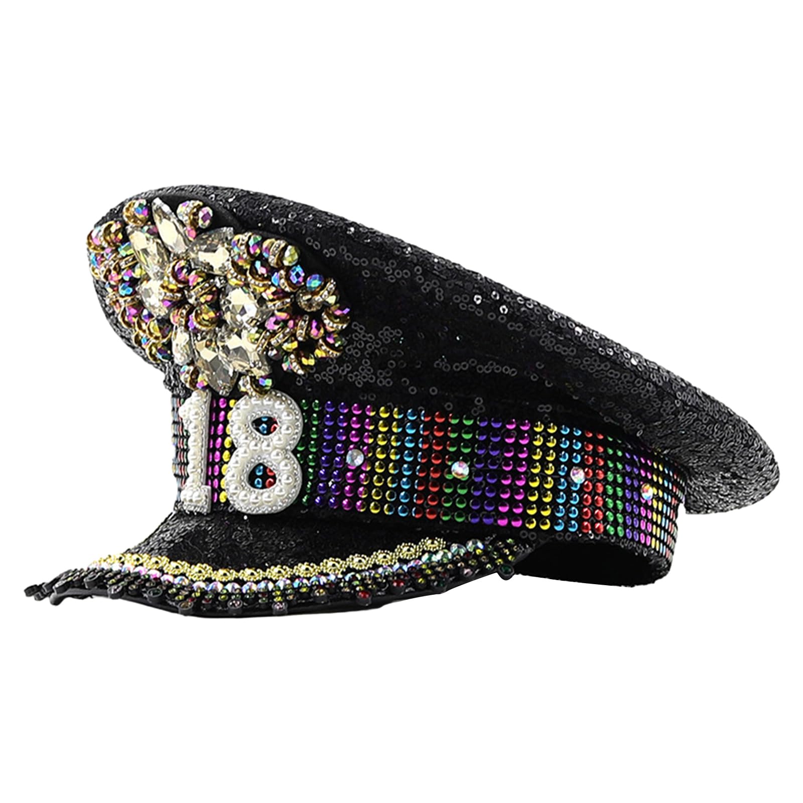 Strass-Paillettenhut für Damen, Hochzeit, Braut, schwarzer Sergeant-Hut, modischer Geburtstagsparty, Kapitän für Nachtclub, Party, Braut