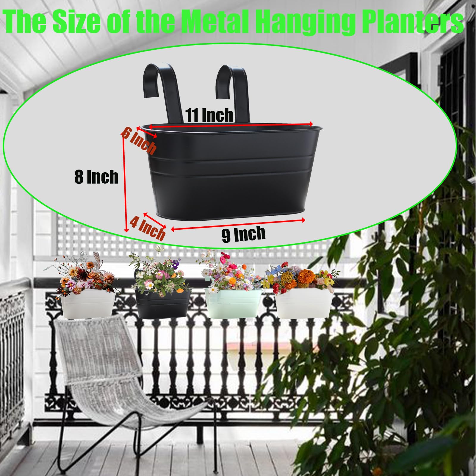TINGSING 4 PCS Metal Hanging Flower Pots 27cm Large Fence Planters Outdoor with Detachable Hooks Hanging Plant Pots Outdoor Balcony Planters for Railing Garden - Image 2