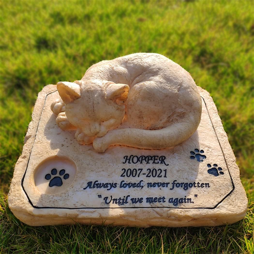 Aveena Cat Memorial Stones Garden Stones, Personalized Cat Memorial Headstones Grave Markers with A Sleeping Cat Statue On The Top, Loss of Cat Memorial Gifts Sympathy Gifts Outdoors, 8"×6.5"×3"