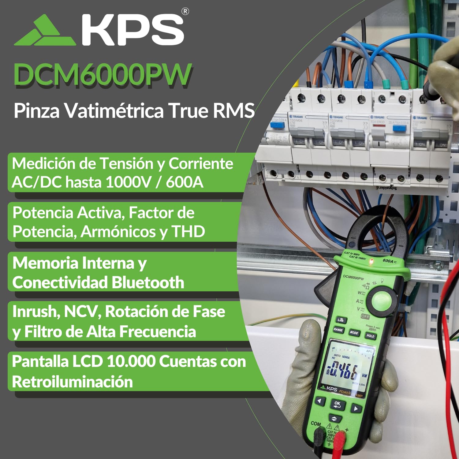 KPS DCM6000PW Pinza Vatimétrica Digital TRMS 10000 Cuentas, 1000V AC/DC, 600A AC/DC, Medición de Potencia, Armónicos, Factor de Potencia y THD, Bluetooth y Datalogger, CAT IV 600V