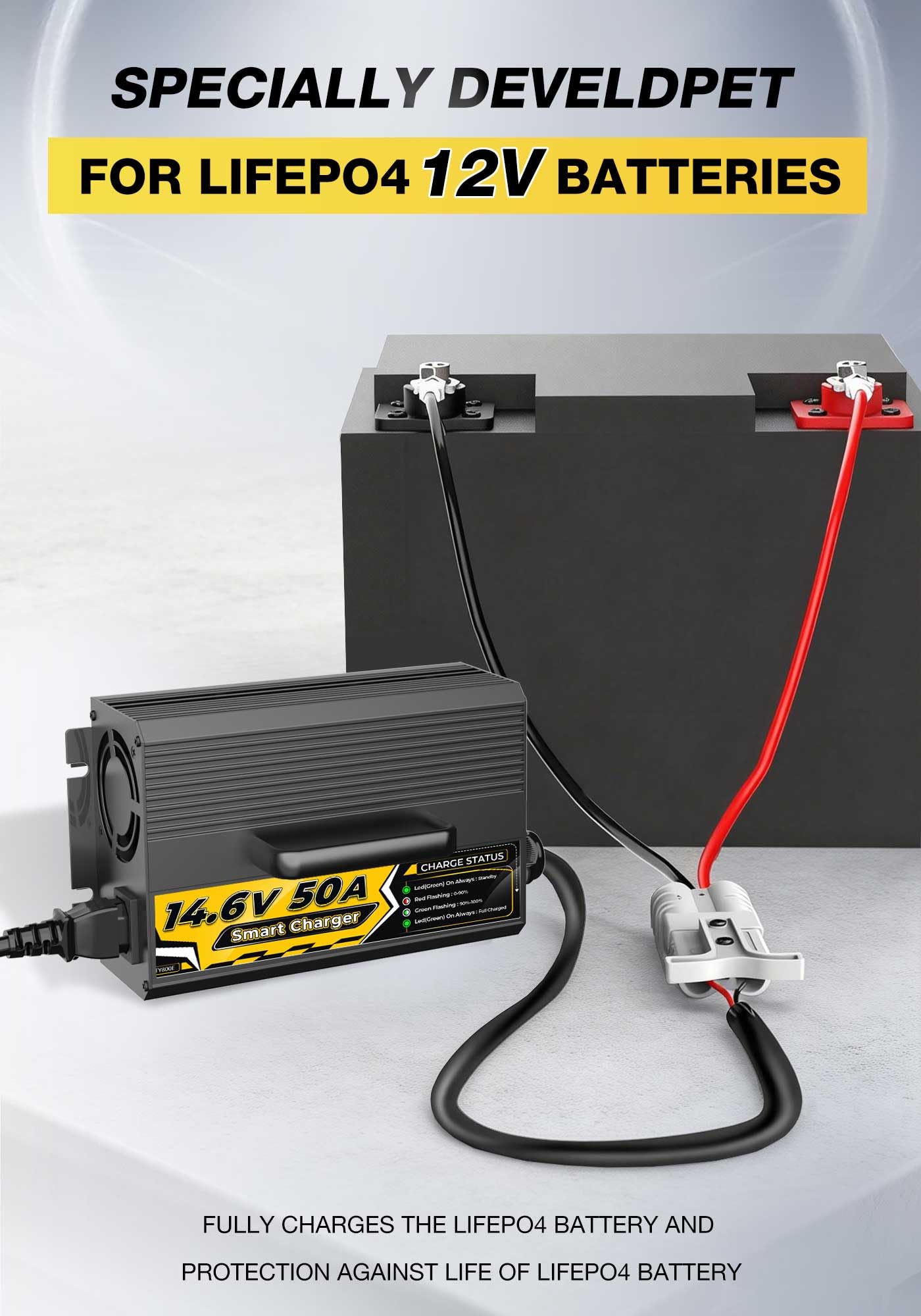 14,6V 50A Litio Cargador de Batería para 12V (12,8V) LiFePO4 Baterías, Diseño Compacto y Duradero con Protección Completa