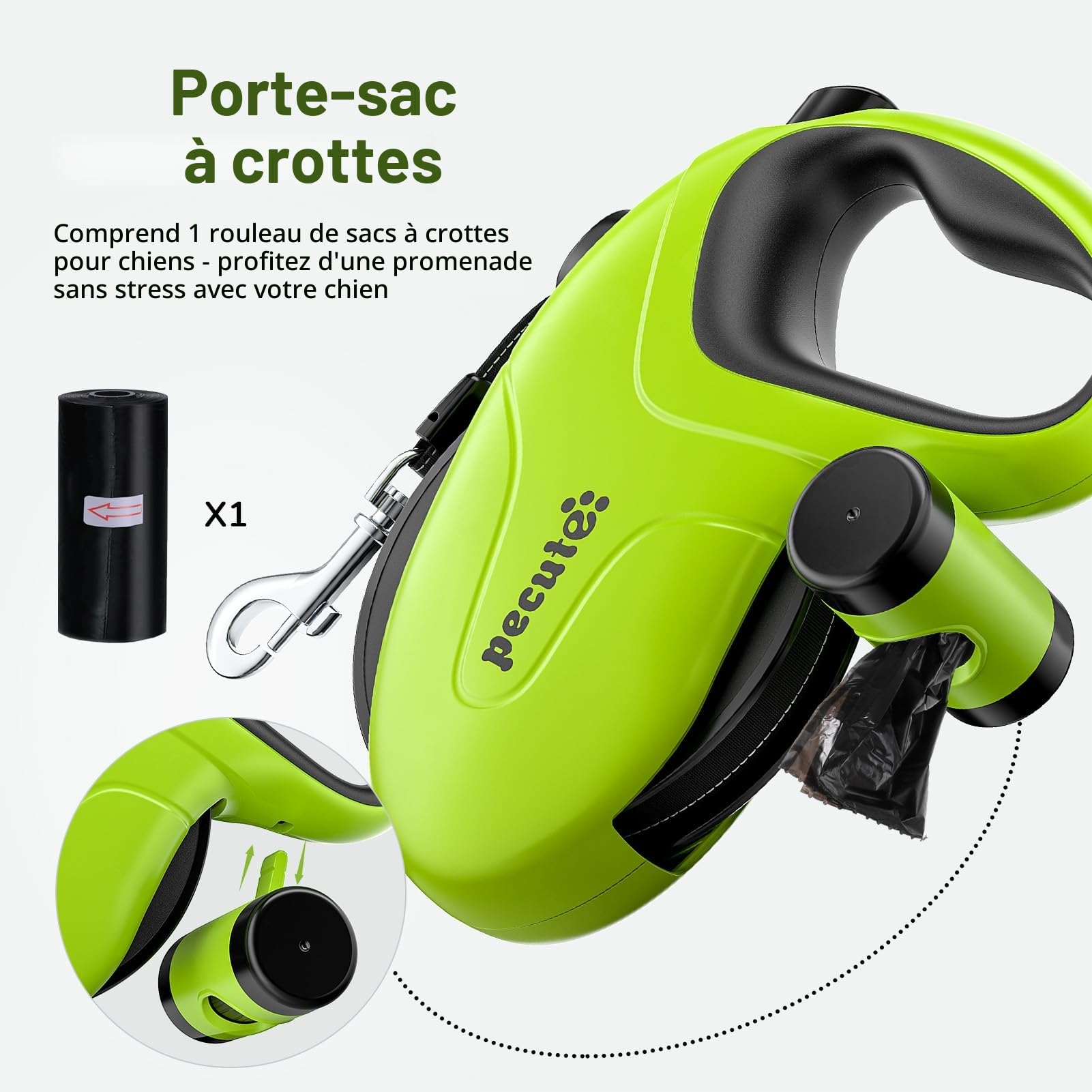 Pecute Laisse rétractable pour Chien avec Support de Sac à déjections Canines, 10 m / 32ft, avec 360 °, Anti-nœuds, poignée antidérapante et Bouton de Frein Rapide, Convient pour Les Chiens pesant