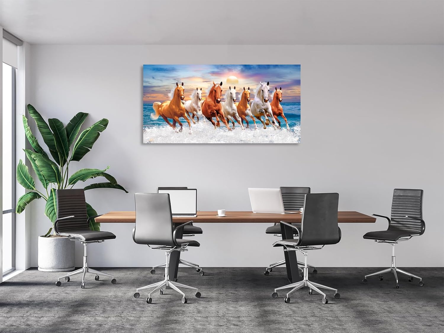 Wall Art Canvas Painting Horses Running Blue Sky 1 Piece Seven Horses in The Water Sunset Background Picture Poster Print Framed and Stretched Ready to Hang for Living Room Bedroom - Image 6