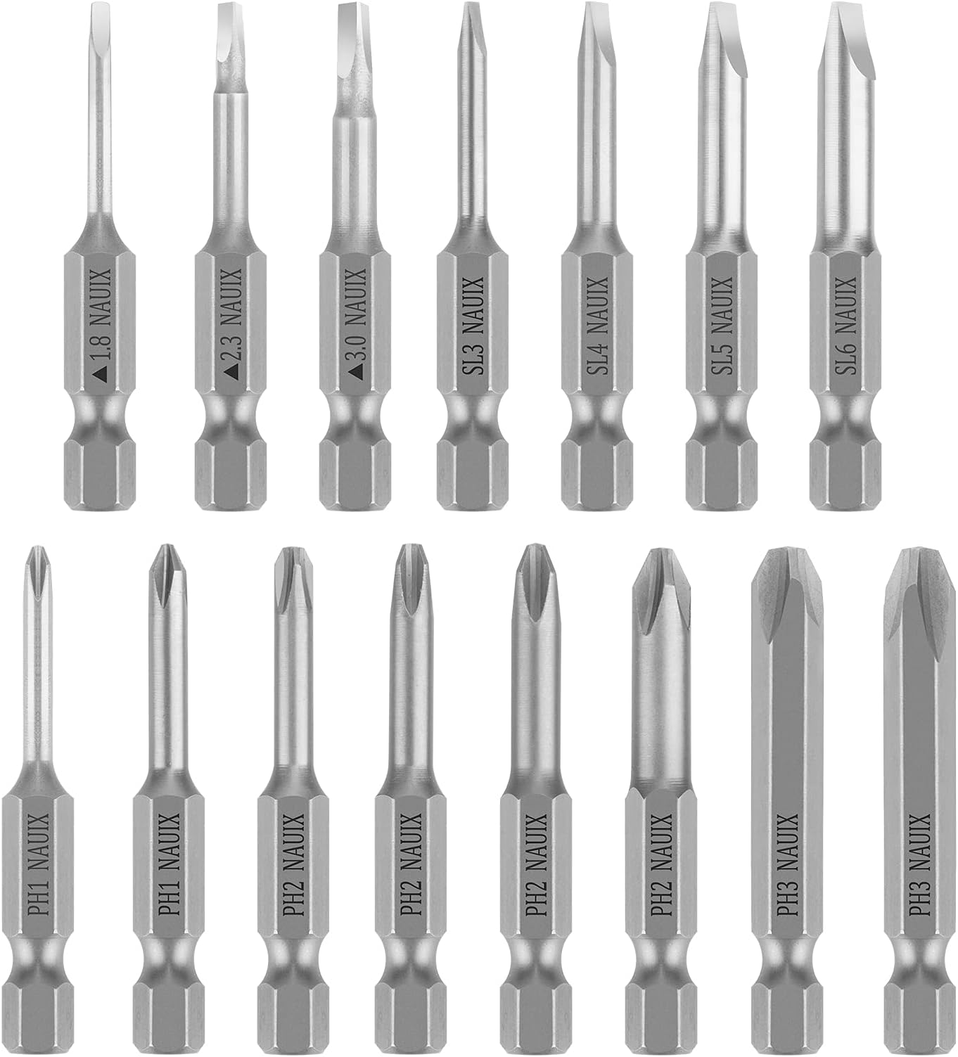 15 Piece Slotted Phillips Triangle Screwdriver Bit Set, 1/4 Inch Hex Shank S2 Steel Magnetic 2 Inch Long Drill Bits