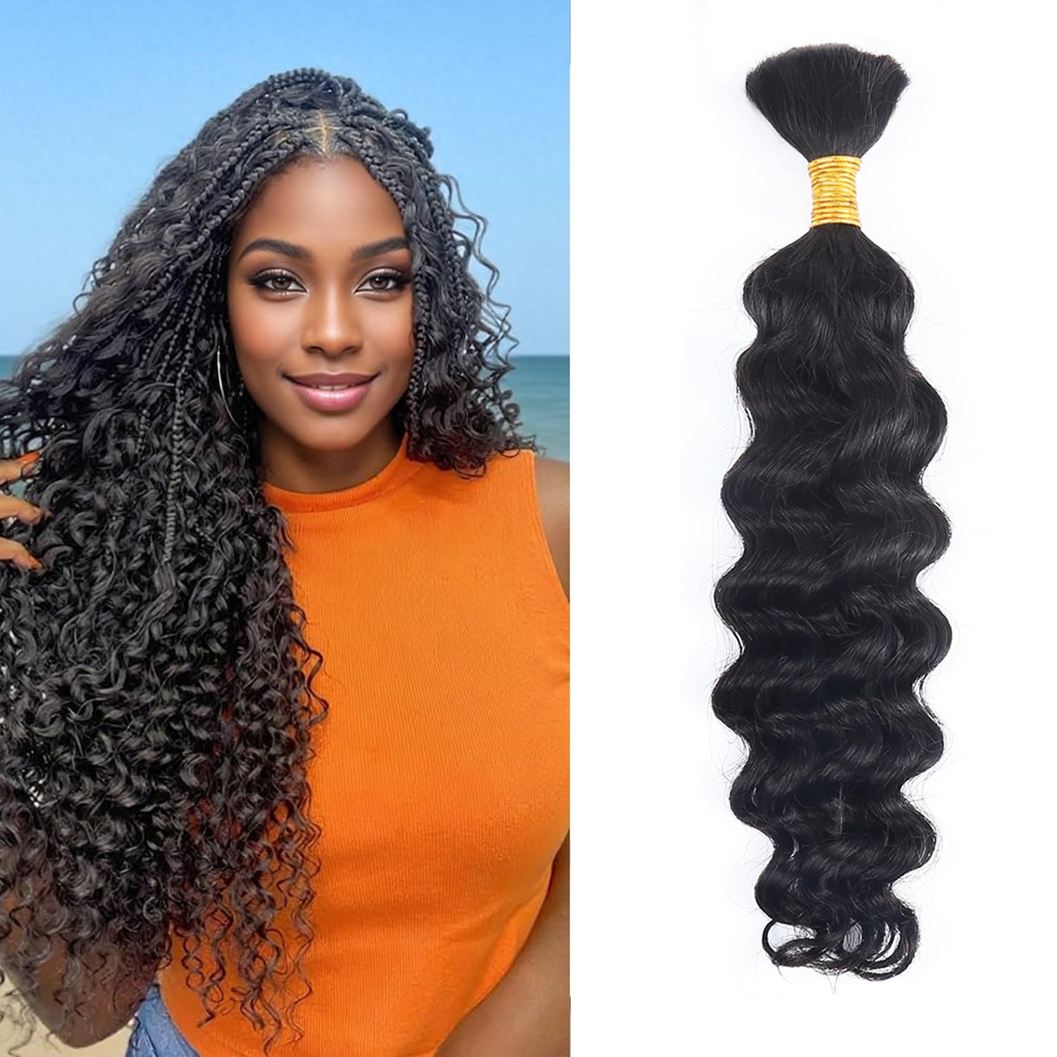 Boho Braids Human Hair Extensions 50g 20 Inch Deep Wave Bulk No Weft Bundles 12A Unprocessed Knotless Bohemian Curly Human Braiding Hair Extension for Women 1 Bundle/Pack Natural Black Colour