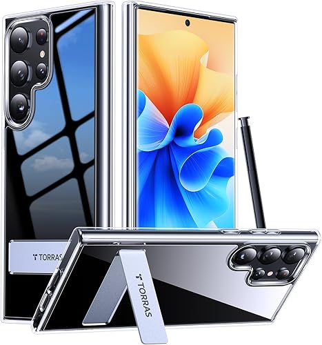TORRAS Funda transparente para Samsung Galaxy S23 Ultra con función atril que nunca amarillea, [soporte integrado de 3 vías] [10 pies de grado