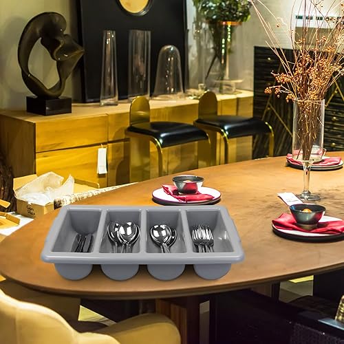 Miniatura 6 de Paquete de 4 cubos de plástico para cubiertos de 4 compartimentos, soporte comercial para cubiertos, color gris