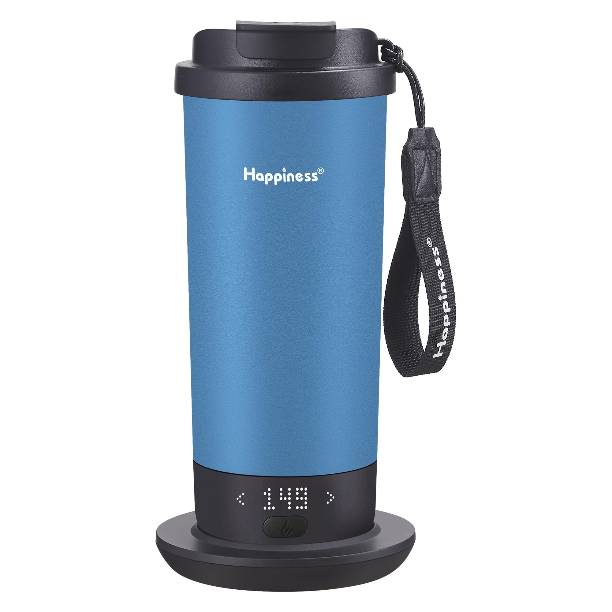 Happiness self-heating travel mug 20 oz in blue with charging coaster