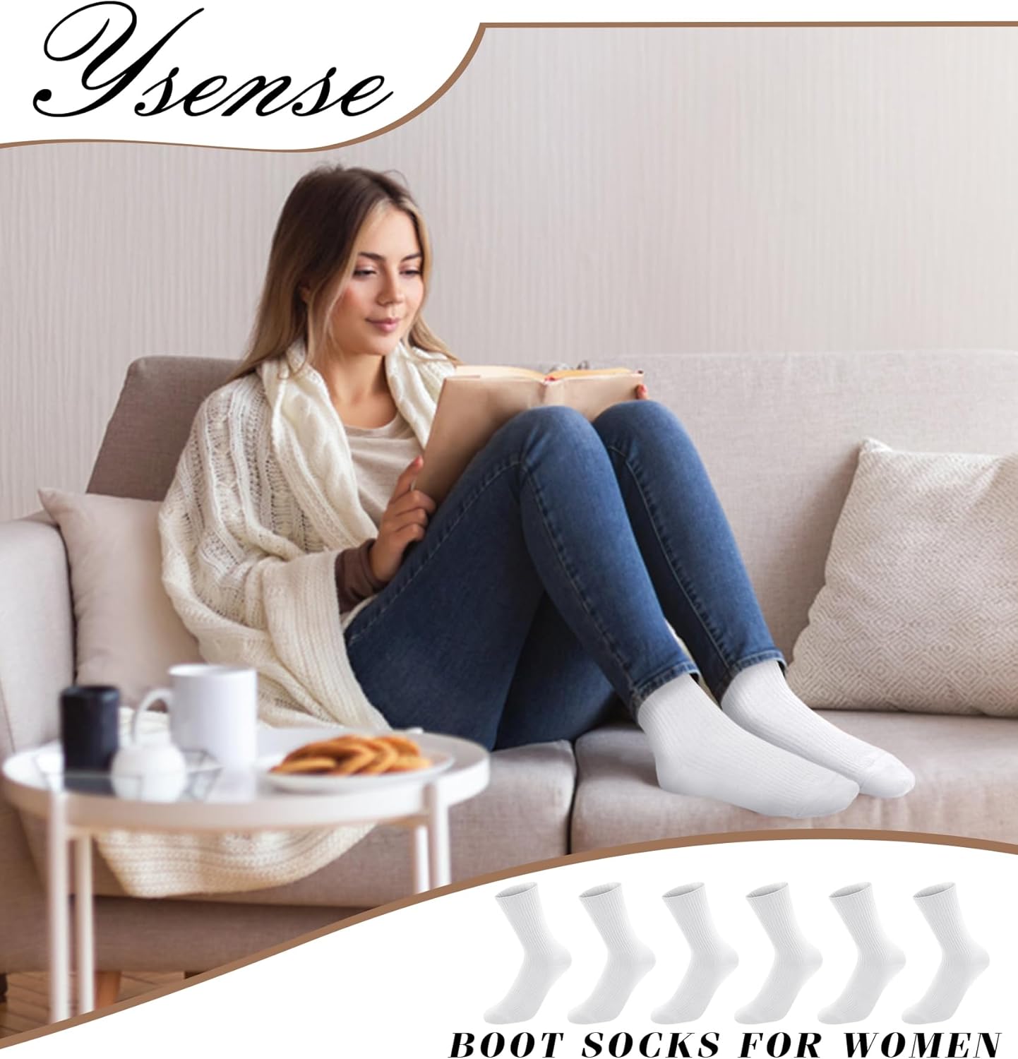 YSense Women's Cotton Crew Socks 6 Pairs, Long Cute Aesthetic Neutral Athletic Boot Socks for Women Stocking Stuffers Gifts - Image 5