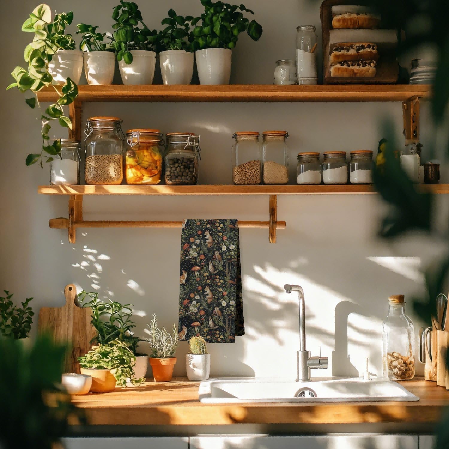 Dark Cottagecore Whimsical Forest Kitchen Dish Towels, Fairy Forest Floral Mushroom Bunny Owl Squirrel Decorative Hand Tea Towels for Bathroom Kitchen, 16x24 Inches - Image 4