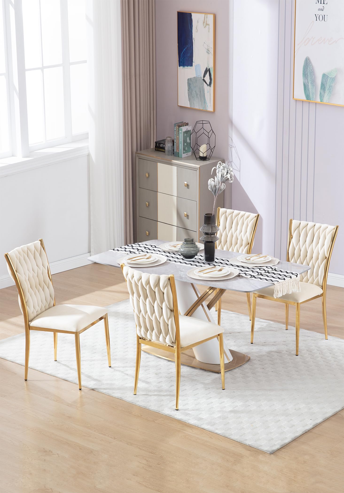 WOLTU Juego de 4 Silla de Comedor,Beige | Modernas,Estilosos con Respaldo Alto, Patas Metálicas, Carga 150kg