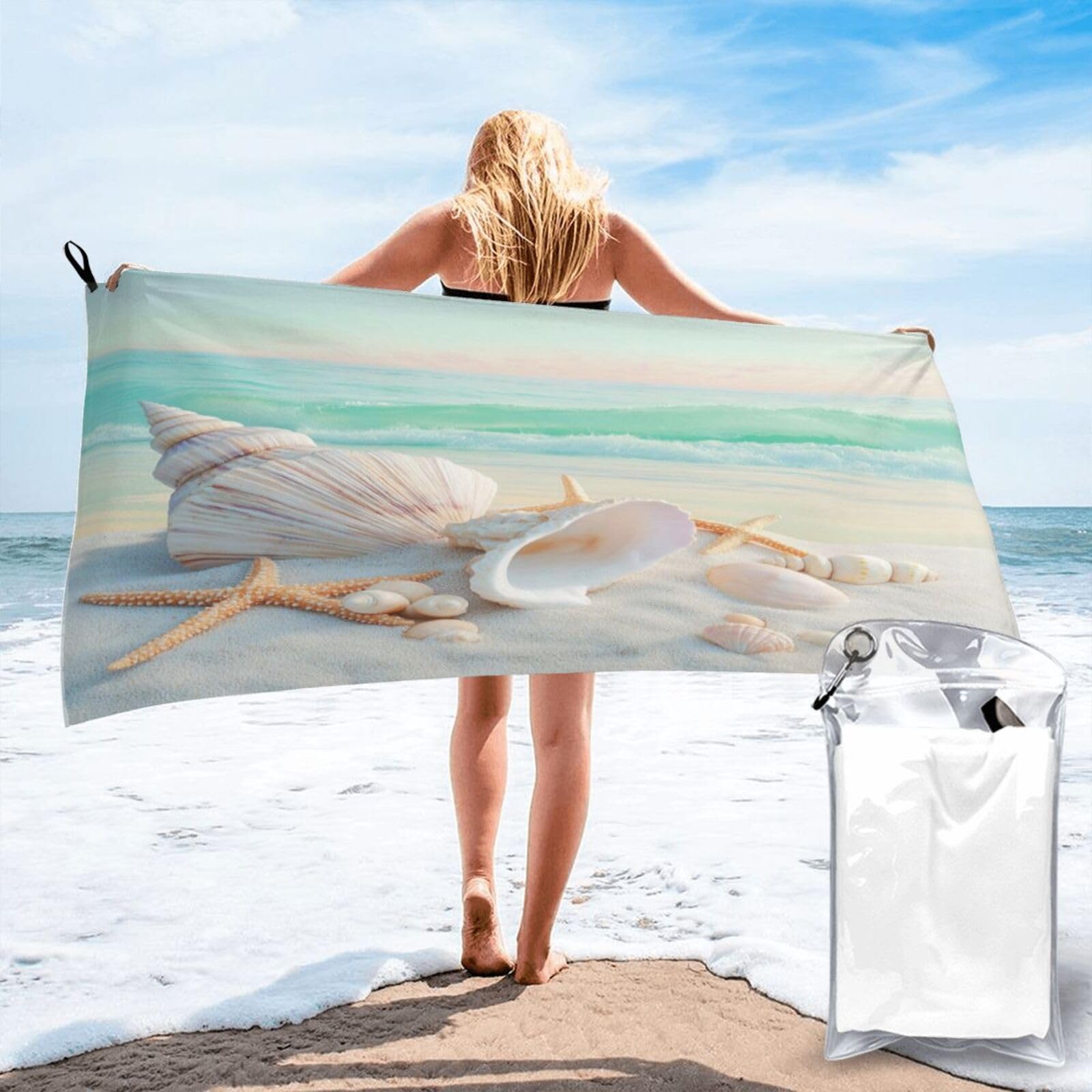 Anceky Seashells On Sandy Beach with Waves Quick Dry Microfiber Travel Towel with Carry Case and Carabiner 27.5"X55"