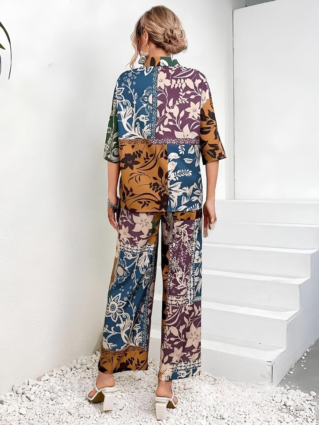 Gufrina Women's Rayon Co-Ord Set With Button-Up Top & Wide Leg Pant 3/4Th Sleeves Collar Neck Printed Pattern Regular Fit And Standard Length